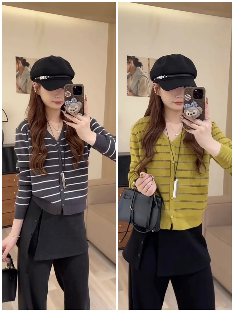 2025新款温柔软糯v领针织开衫女韩系条纹长袖宽松时尚毛衣外套潮