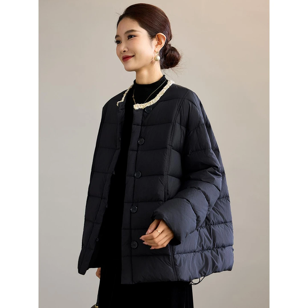 DUCURNO时尚钉珠白鸭绒羽绒服女冬季新款黑色轻薄保暖短款外套潮
