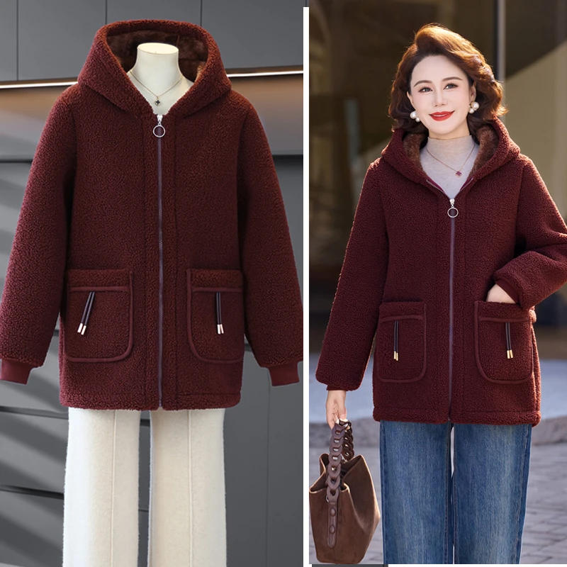 中老年女装中老年颗粒绒女外套大码中老年连帽中年妈妈装加绒加厚