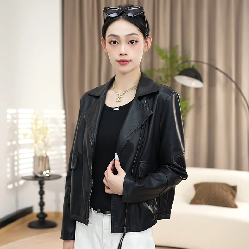 2025新款翻领秋冬复古机车皮衣女时尚百搭潮流外套夹克ins风