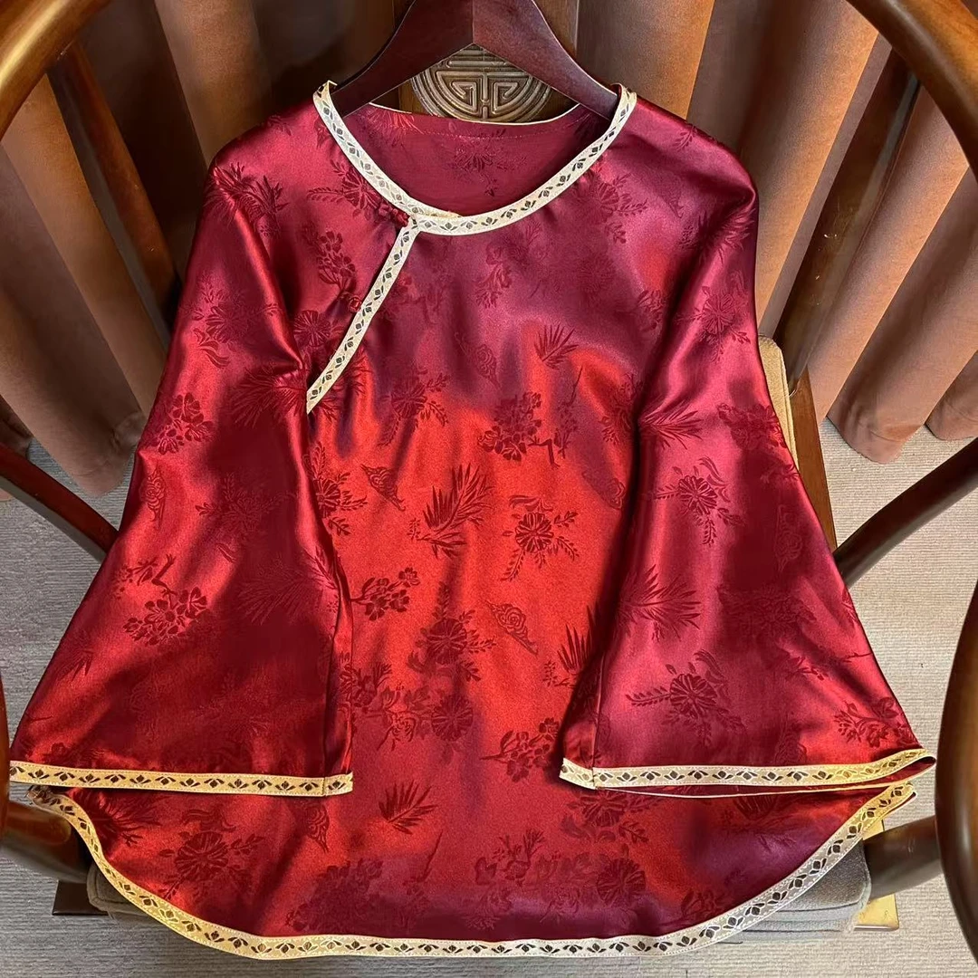 【墨兮】薄款斜襟短袖复古上衣网红中国风直襟夏季长袖红色提花唐装