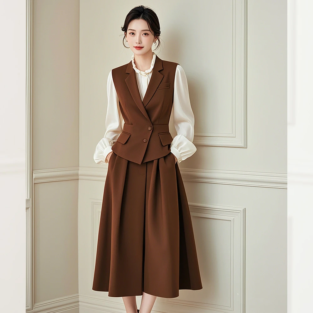 春秋季新款女装时尚气轻奢西装马甲衬衫搭配半身裙子三件套装通勤