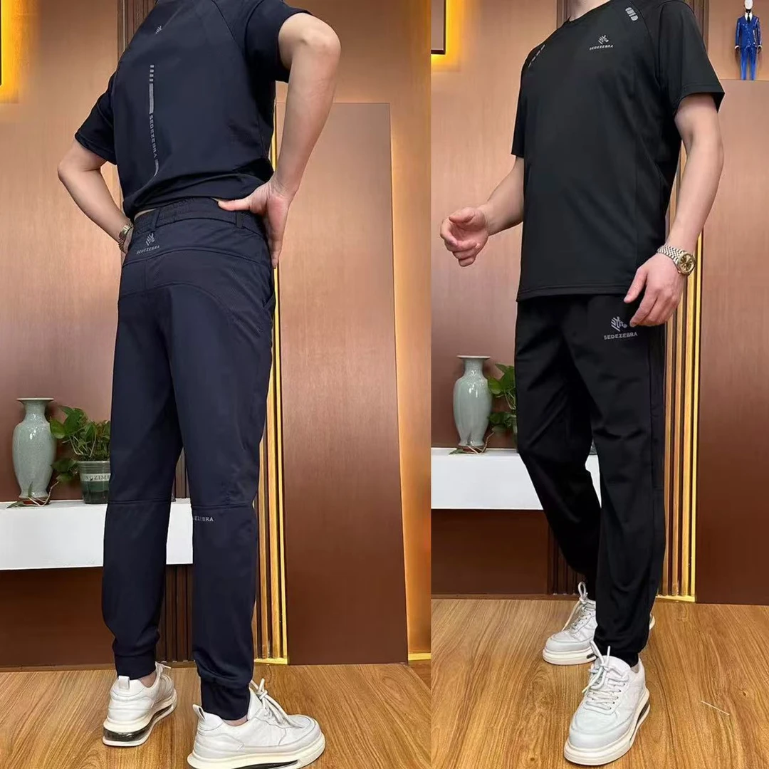 冰丝夏季高弹套装舒适透气时尚休闲男士【短袖+裤子】两件套B2001