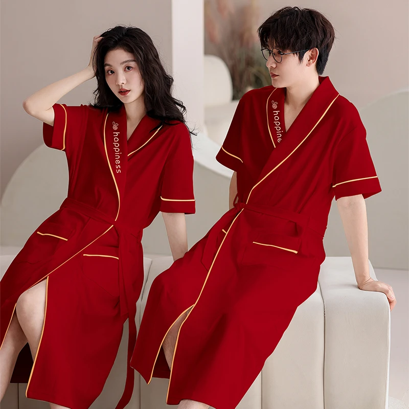 浪莎情侣纯色舒适睡袍纯棉浴袍睡衣晨袍短袖男士女款情侣睡袍夏季