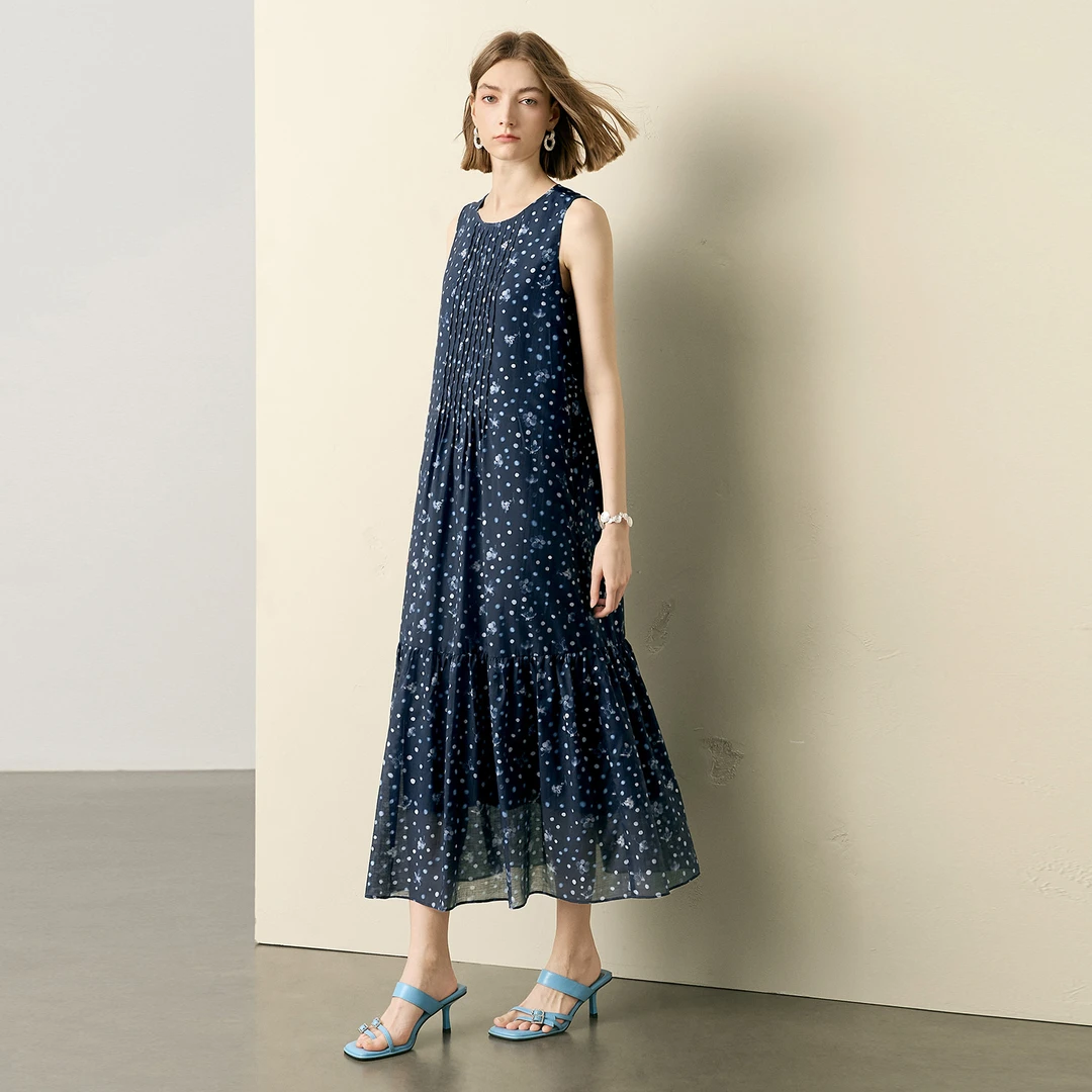 颜域碎花天丝背心连衣裙女收腰显瘦高级感无袖长裙子20S251334