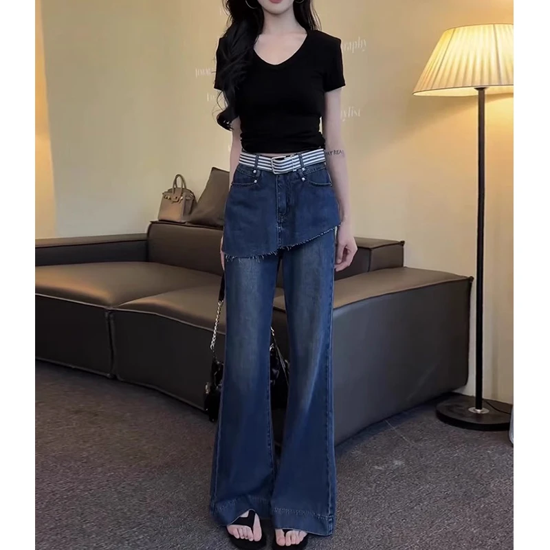 设计感毛边屁帘假两件牛仔微喇裤女2025夏季新款高腰阔腿拖地长裤