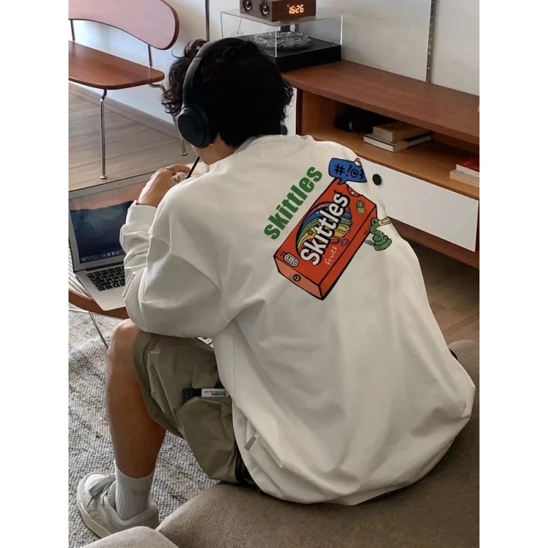 280g重磅纯棉螺口长袖T恤男美式复古小众宽松百搭圆领印花设计感