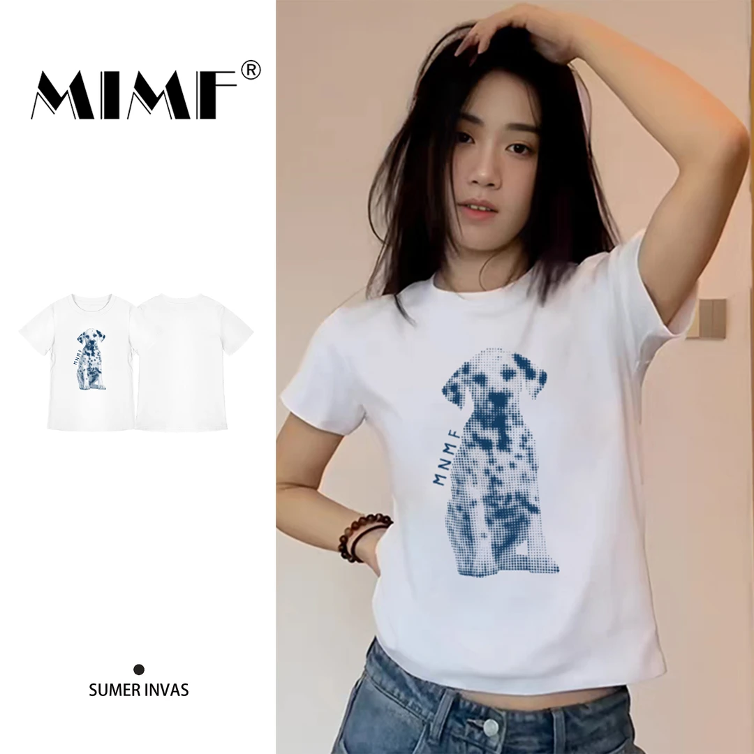 mnmf狗狗印花正肩白色上衣时尚修身显瘦圆领辣妹风短袖T恤女装ins