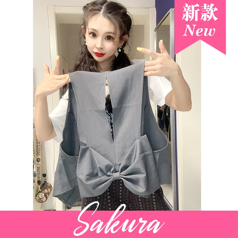 2025新款夏季轻奢老钱风灰色蝴蝶结马甲时髦复古无袖外穿上衣通勤