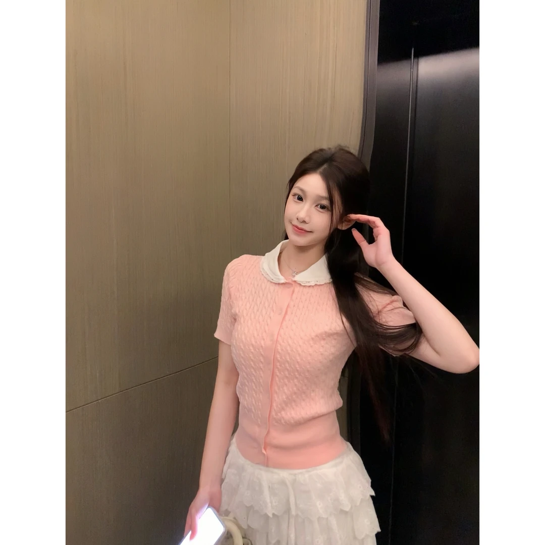 【梦梦服饰】2025法式甜美粉色POLO领针织修身显瘦T恤女+半裙
