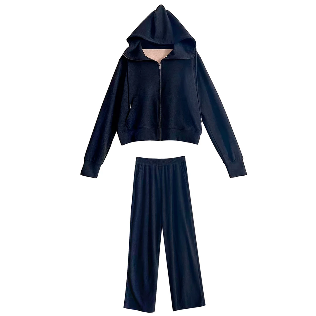 【K姐简约定制】纯色连帽拉链卫衣阔腿时尚长袖运动衫裤子Y0058