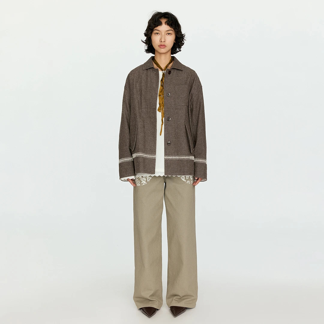 sagestudio 茶灰绿局部拔印小花直筒长裤