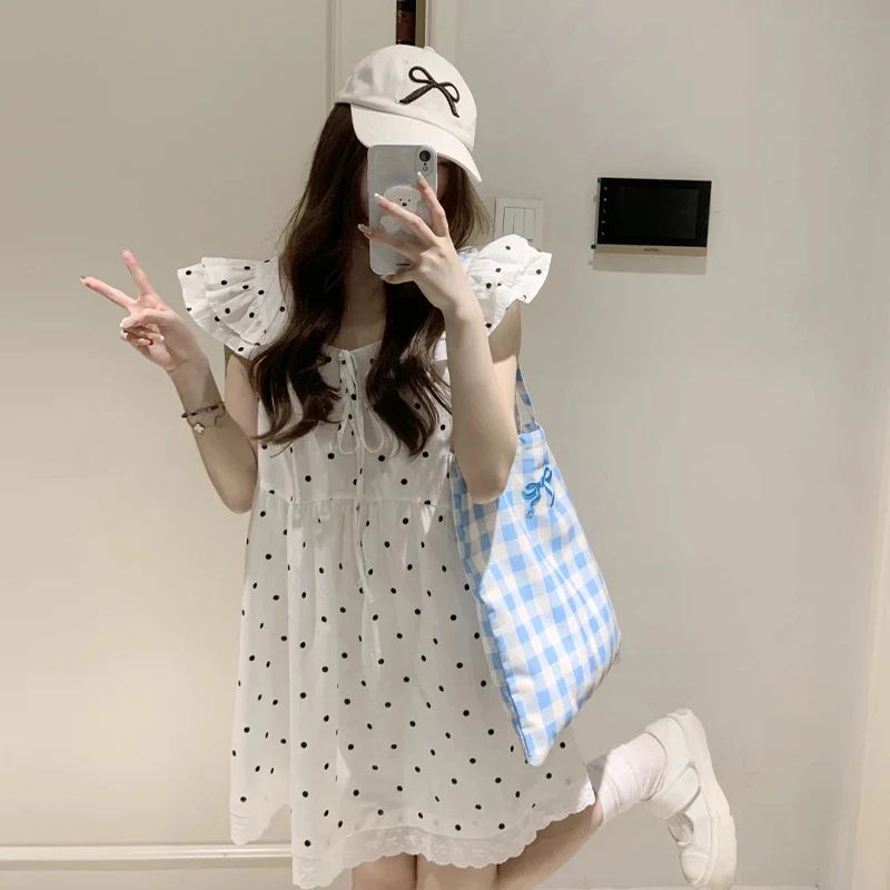 2890小个子甜美白色波点小飞袖连衣裙女夏季小众设计法式显瘦短裙