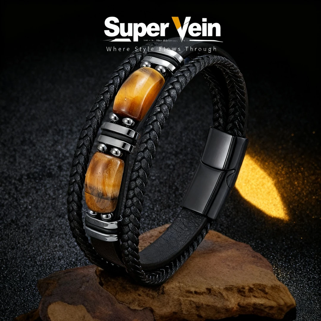 钛钢皮质手链 欧美多层男士手链男手绳手镯手串时尚百搭霸气