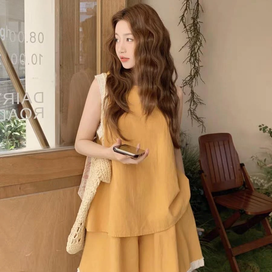 【R637】橘色小清新拼接花边背心睡衣家居服三件套+胸垫