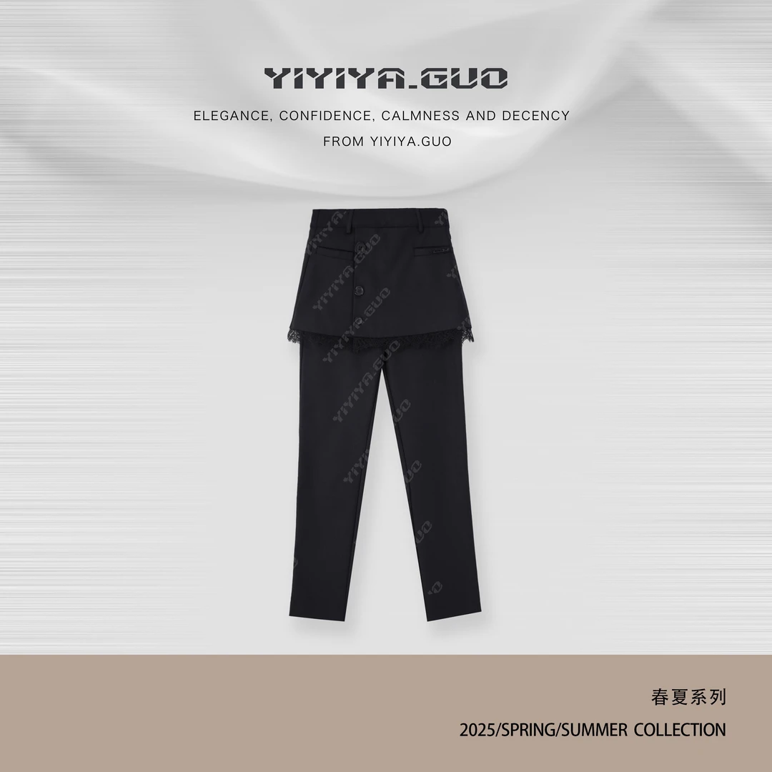 yiyiya.Guo艺艺吖【包瘦裤】休闲时尚百搭假二件蕾丝边裤子0975SS52