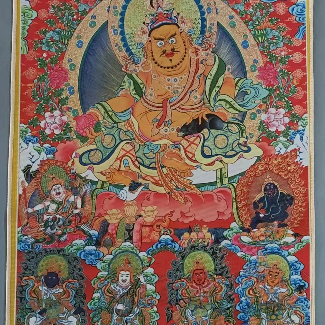 送挂钩【西藏包邮】黄财神唐卡画像客厅玄关书房佛堂挂毯60*90CM