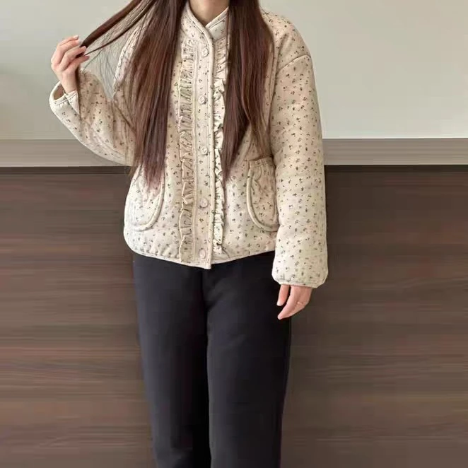 冬季三层加绒加厚碎花小立领保暖可外穿女士家居服套装睡衣