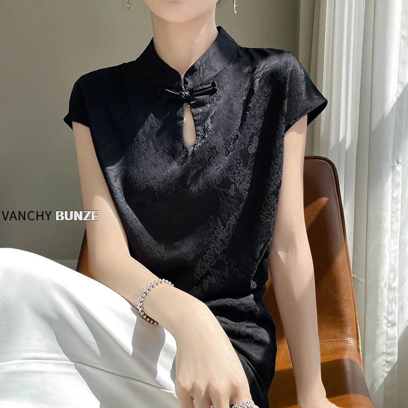BUNZE 气质缎面洋气立领国风新中式短袖女无袖提花开叉纯色上衣夏