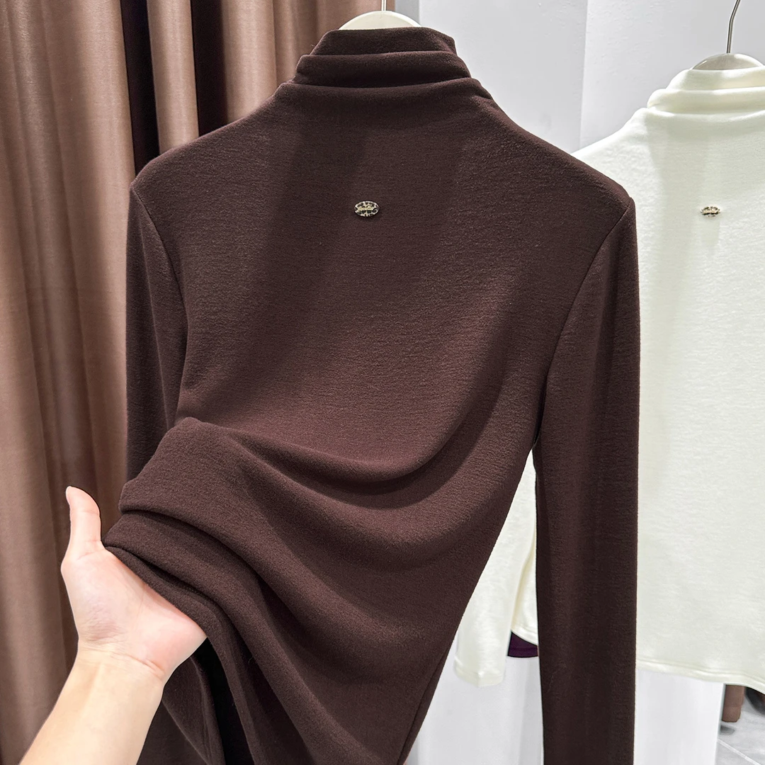 秋冬爆款堆堆领咖色柔软亲肤上衣女气质长袖修身磨毛T恤打底小衫