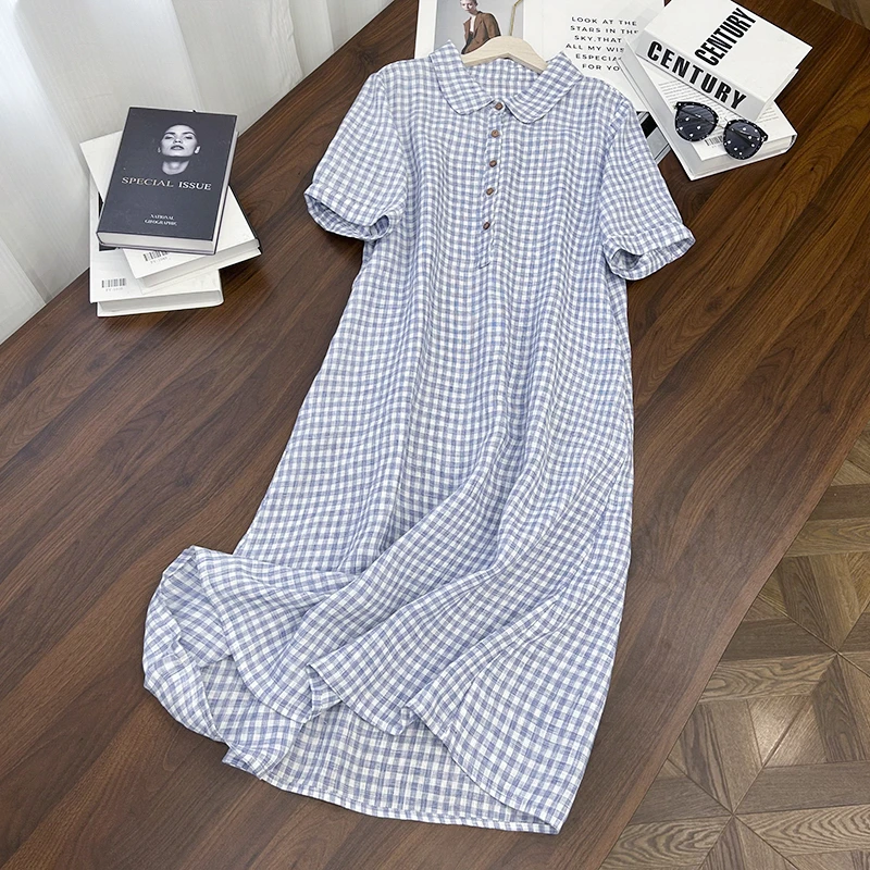 （蓝白格汉麻连衣裙）11799夏季文艺清新宽松显瘦翻领连衣裙Z