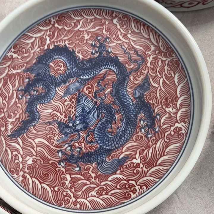 瓷片釉里红海水龙干泡台