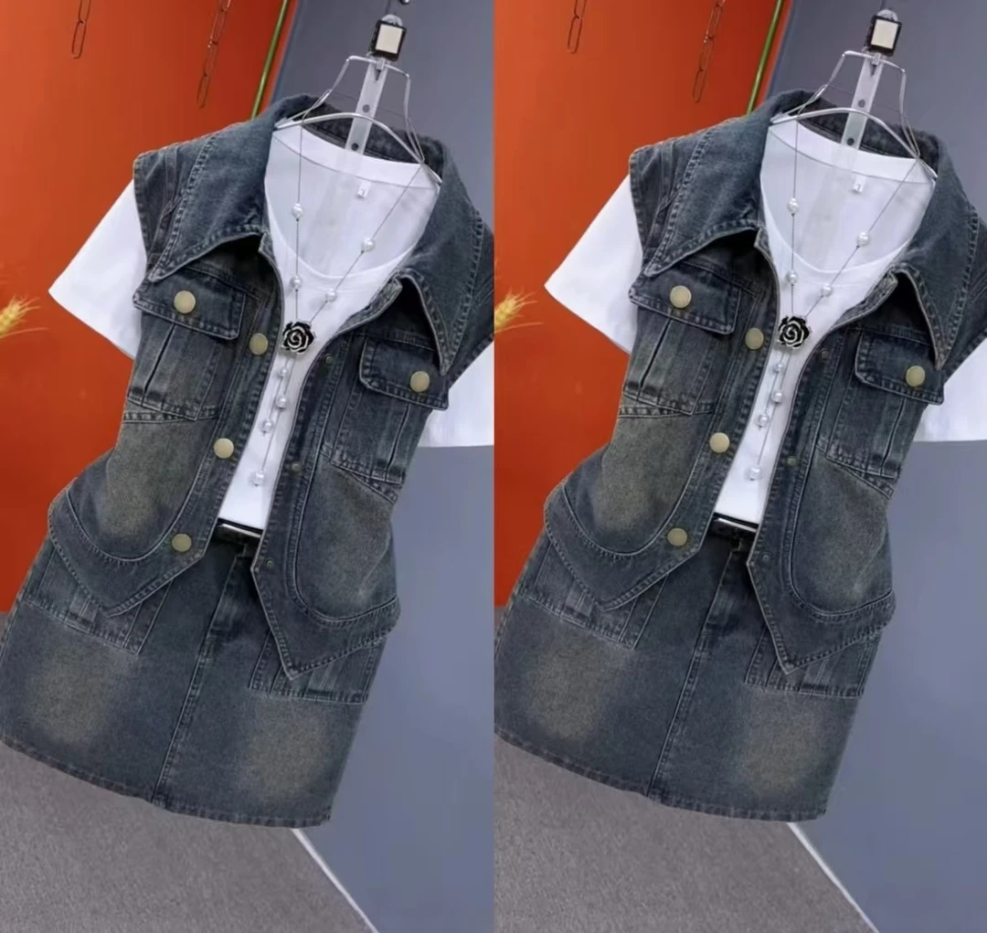 欧洲站2025时尚牛仔裙三件套夏季减龄潮流短款洋气马甲+短袖+短裙