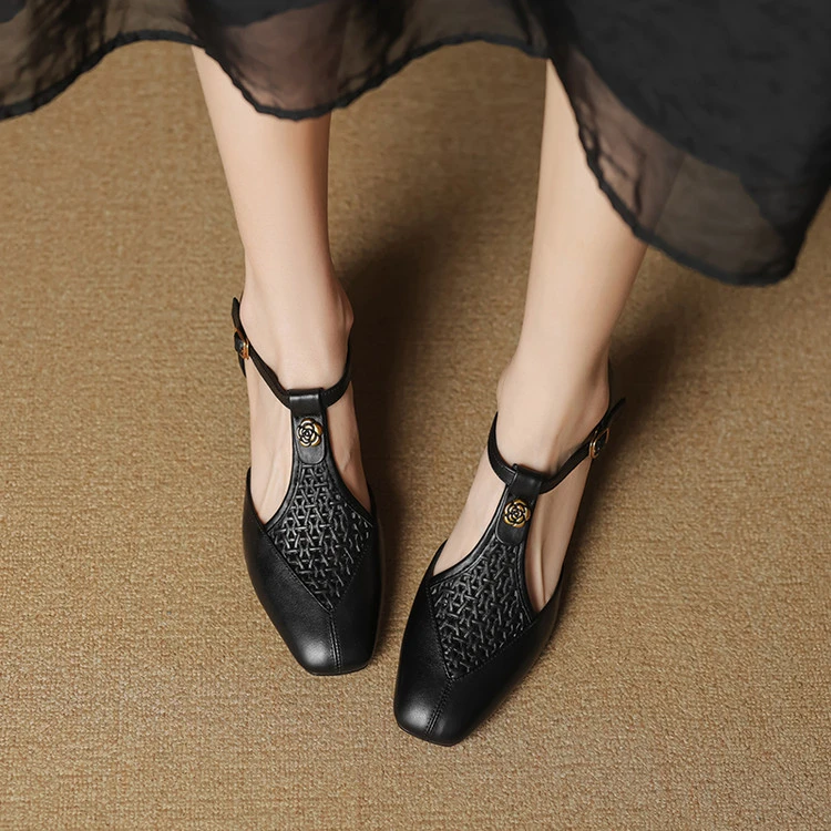 头层牛皮~5.5cm中跟春夏单鞋时尚百搭法式仙女风舒适真皮包头凉鞋