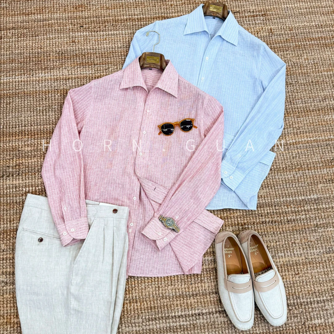 夏季新款亚麻一片领细条纹长袖衬衫轻薄透气绅装户外透气衬衣