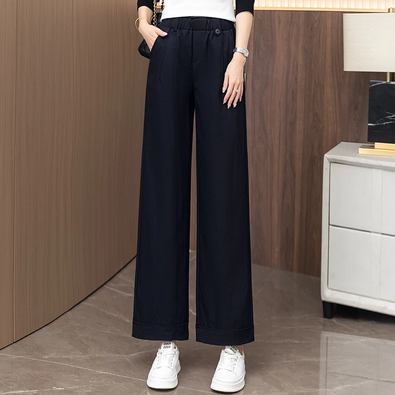 高级藏青色阔腿休闲裤女2025秋季新款松紧高腰显瘦九分卷边直筒裤