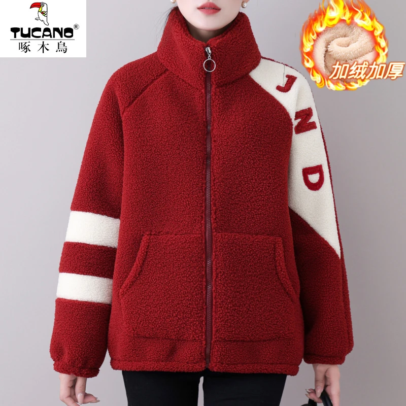 啄木鸟妈妈冬装摇粒绒外套加绒加厚保暖2025新款时尚休闲中老年女
