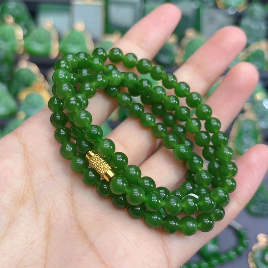 颈饰未镶嵌和田玉（碧玉）卡六阳绿多圈特价款