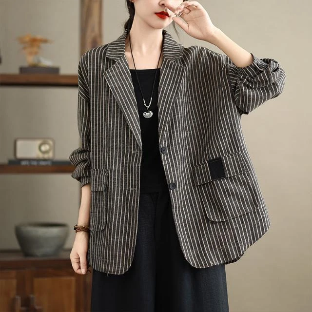 商场专柜女装复古条纹棉麻西装外套秋季时尚气质大码显瘦开衫上衣