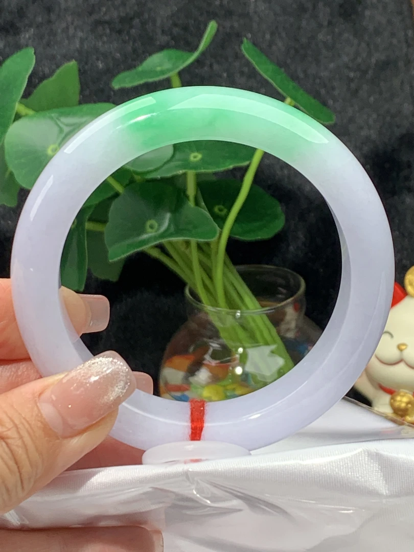 纯天然缅甸翡翠A货辣阳绿春彩正圈手镯圈口/58.6/13.5/9.6