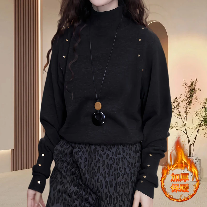 插肩钉珠高领长袖毛衣女2025秋冬季新款圆领休闲百搭慵懒风针织衫