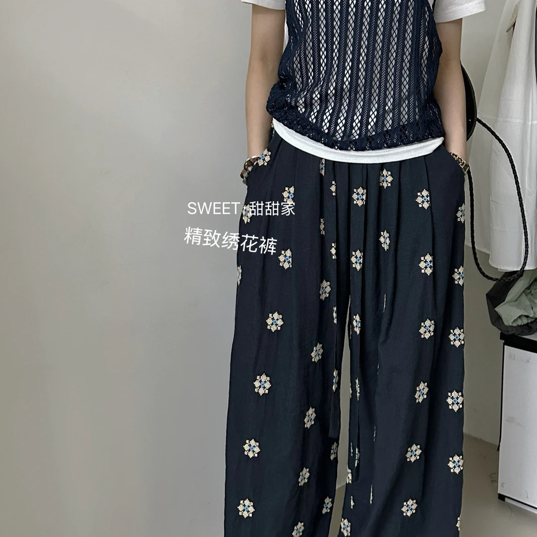 夏天直筒时尚夏季宽松印花黑色防蚊裤百搭女生韩系ins衣服绣花