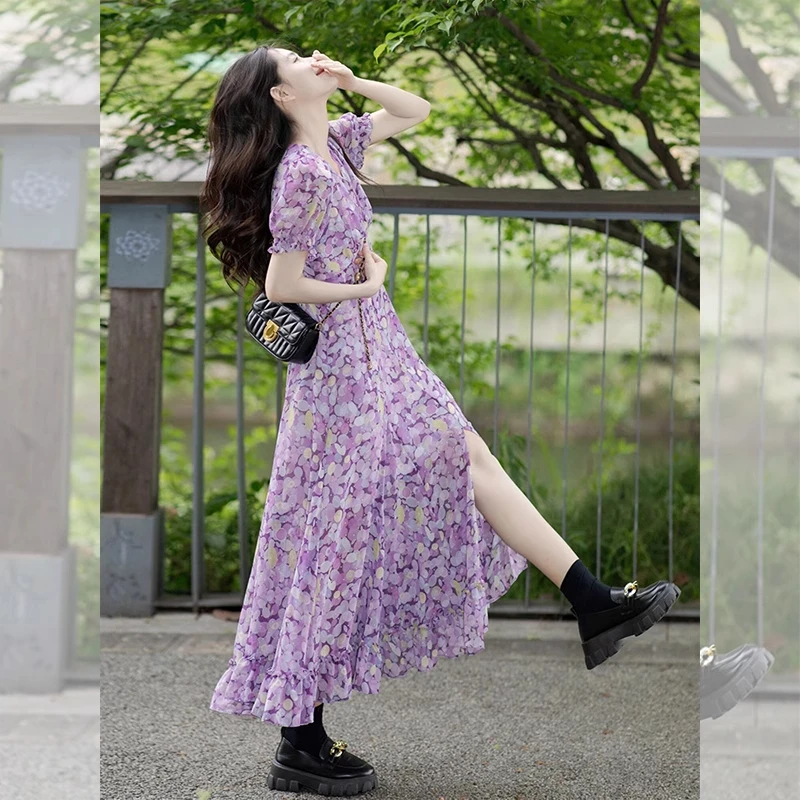 茶歇法式紫色碎花雪纺连衣裙女夏季小个子高冷御姐风气质开叉裙子