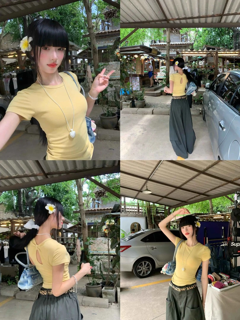 WSMY设计感后背镂空T恤显瘦辣妹高腰短款百搭夏修身韩版纯色上衣