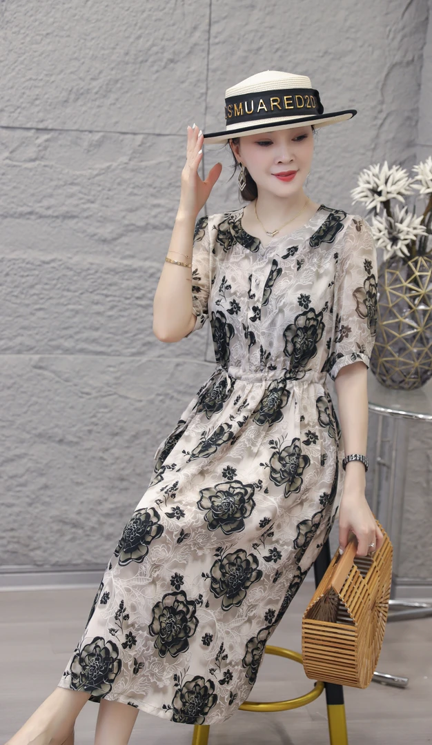 10136-夏季优雅新款气质印花裙子收腰时尚中长款连衣裙【依】