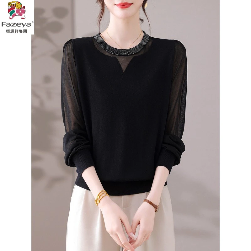 恒源祥彩羊高级感秋装纱袖上衣打底衫漂亮减龄拼接毛衣2025新款薄