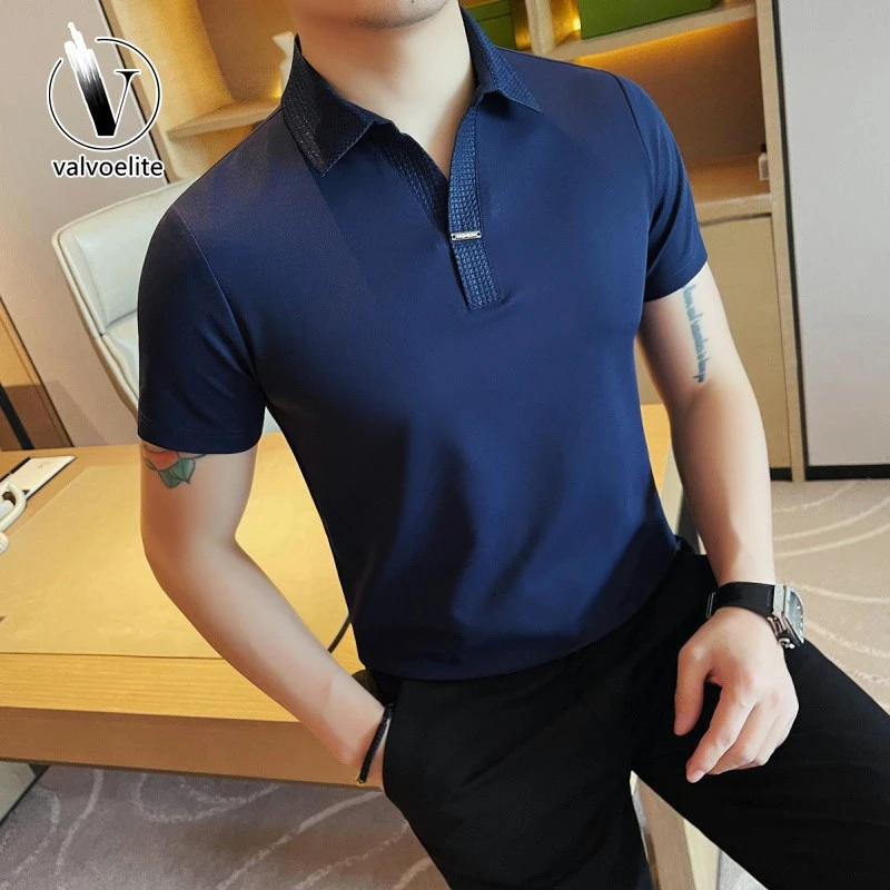 VALVOELITE法式领短袖衫男士无痕翻领恤新款夏季修身有领衣服