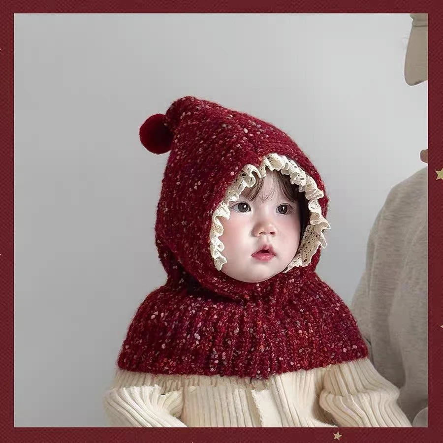 儿童圣诞红色帽子围巾一体冬季宝宝保暖套头帽男女婴幼儿防风护耳