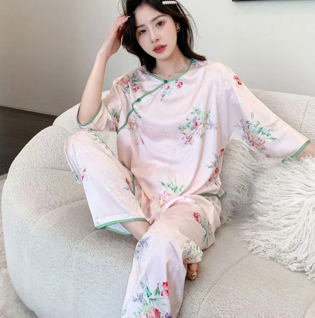 一叶知秋新中式国风提花水光绸复古风可外穿家居服套装2255#