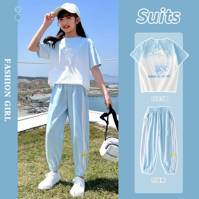 FAVMARTHA女童速干运动套装夏装儿童短袖冰丝长裤大童夏季新款休