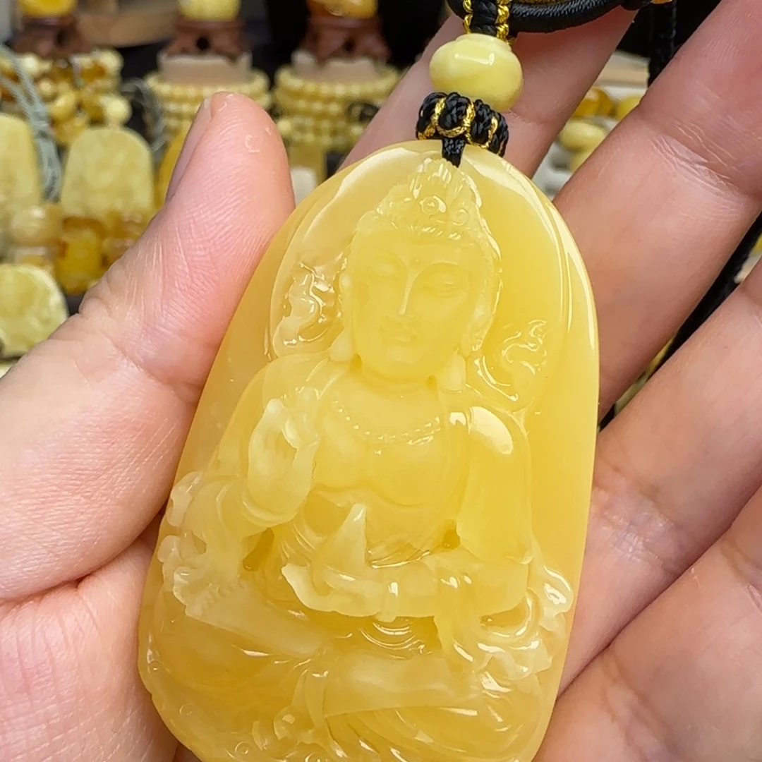 未镶嵌套链琥珀天然俄料鸡油黄蜜蜡观音吊坠