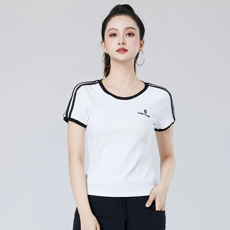 XVRV夏季2025新款辣妹三条纹时尚百搭圆领上衣条纹美式短袖t恤
