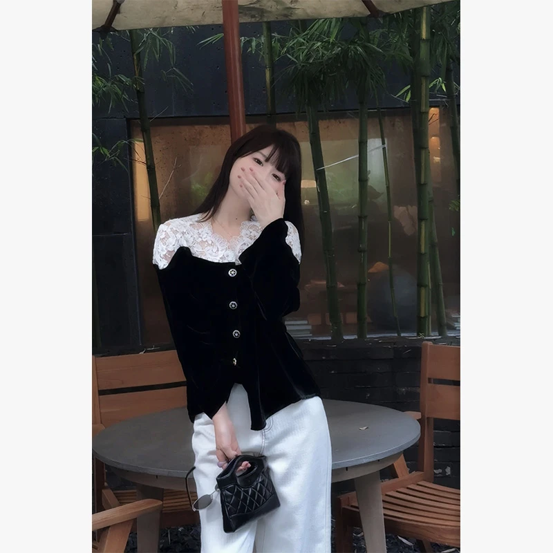 MYRA“如愿”私藏双生·真丝丝绒+蕾丝钩花长袖秋装上衣XM025241