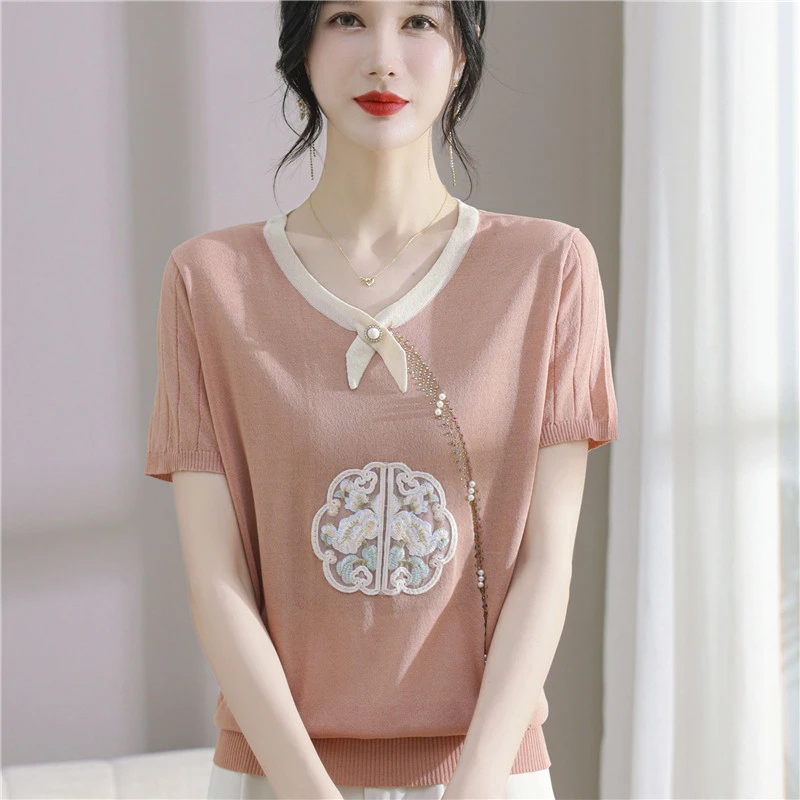 中老年女士夏装新中式针织衫母亲节时尚短袖T恤妈妈夏季冰丝上衣