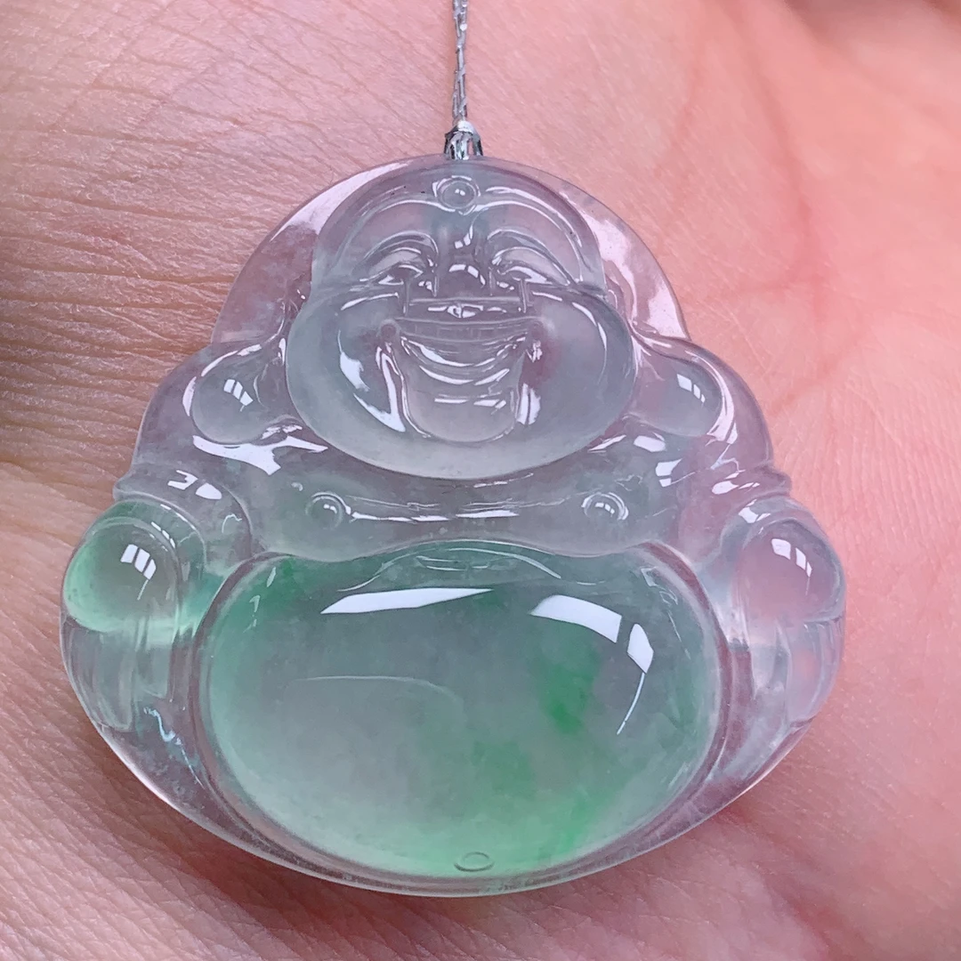 天然缅甸翡翠A货高冰飘花佛公气质精美尺寸32.2+30.9+6.2  370