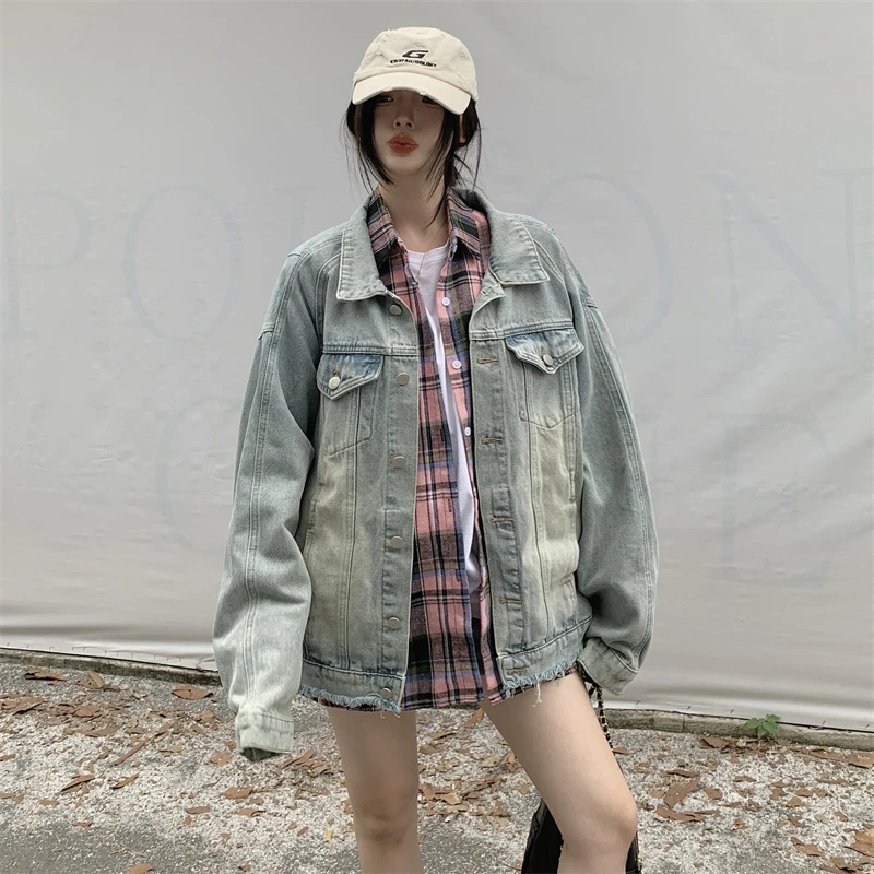 大码女装胖MM春季新款港风休闲百搭宽松显瘦毛边水洗牛仔外套女